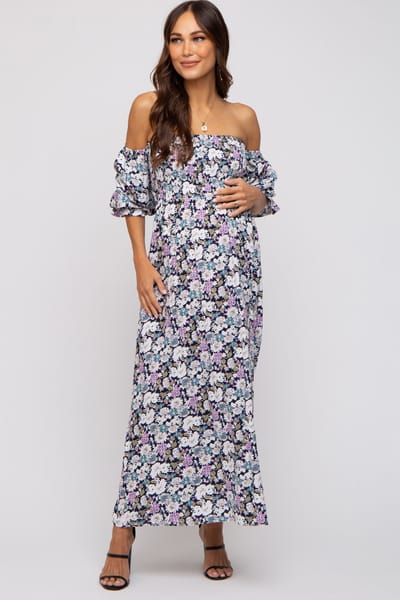 Elloh Black Floral Print Off Shoulder Smocked Maternity Maxi Dress