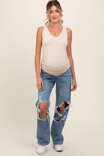 AnnieWear Blue Distressed Open Knee Maternity Wide Leg Jeans