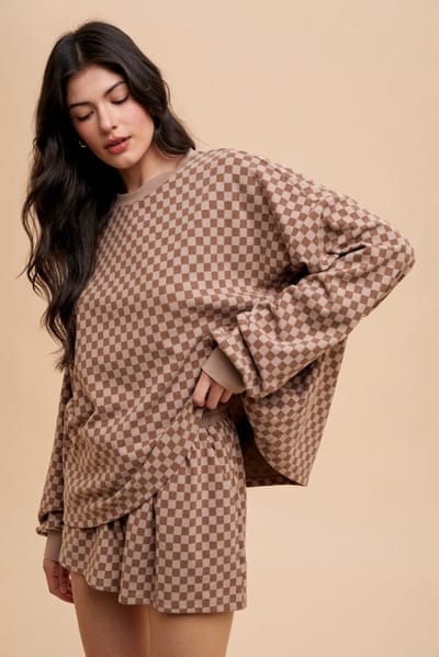 AnnieWear Mocha Checkered Plaid Pullover Shorts Set