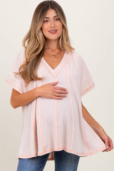 Rhea + Thea Peach Striped Ribbed V-Neck Oversized Short Sleeve Maternity Top