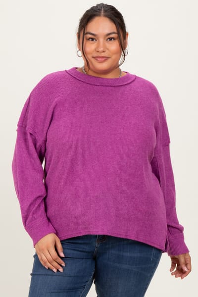 Zenana Outfitters Plum Brushed Ribbed Knit Plus Pullover