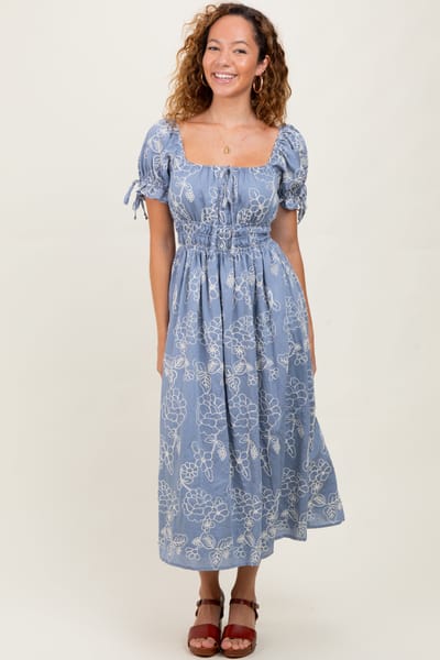Camellia Denim Blue Floral Embroidered Midi Dress