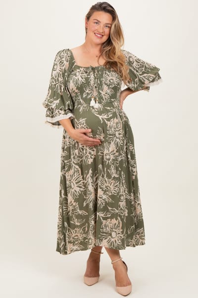 PinkBlush Olive Floral Smocked 3/4 Sleeve Maternity Plus Midi Dress