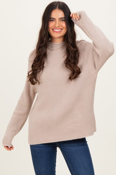 Miracle Beige Mock Neck Ribbed Knit Basic Sweater Top