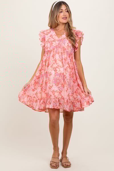 PinkBlush Pink Floral Chiffon Ruffle Short Sleeve Maternity Dress