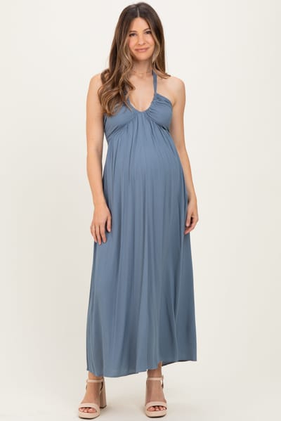 PinkBlush Dusty Blue Halter Neck Side Slit Maternity Midi Dress