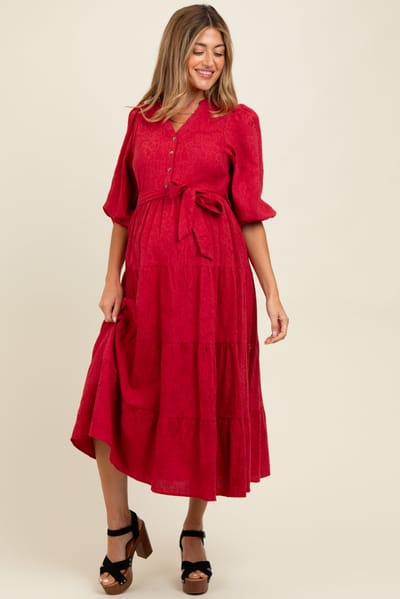 Polagram Burgundy Floral Jacquard Button Front Tiered Maternity Dress