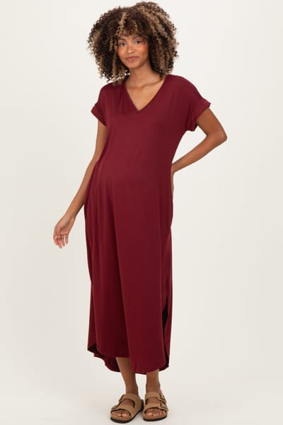 Entro Dark Wine Side Slit Maternity Maxi Dress
