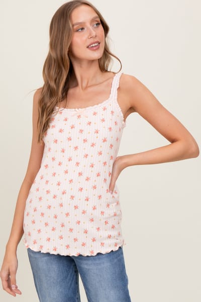 Hello Miz Peach Ditsy Floral Lace-Trim Tank Top