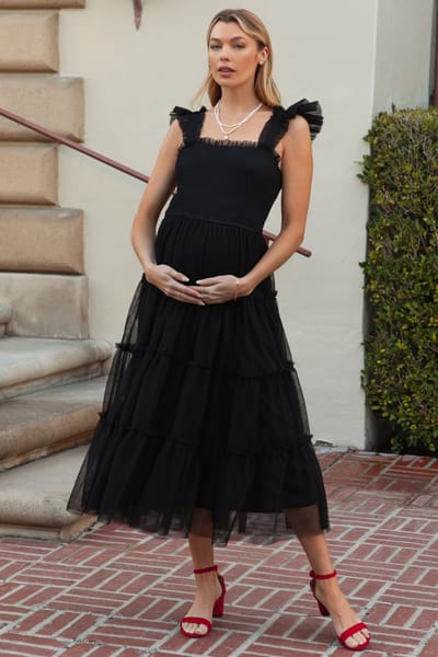 BiBi Black Smocked Mesh Ruffle Accent Maternity Midi Dress