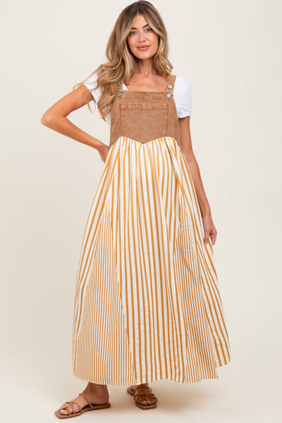 PinkBlush Camel Striped Colorblock Denim Contrast Maternity Maxi Dress