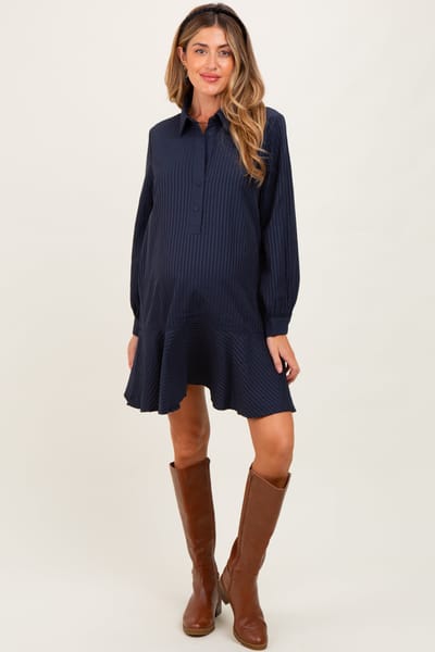 She + Sky Navy Striped Long Sleeve Drop Waist Maternity Polo Dress