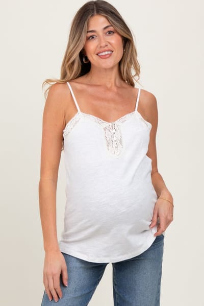Doe & Rae White Crochet Lace Button Detail Maternity Tank