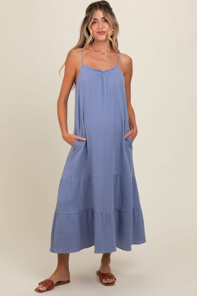 PinkBlush Blue Tiered Hem Maternity Midi Dress