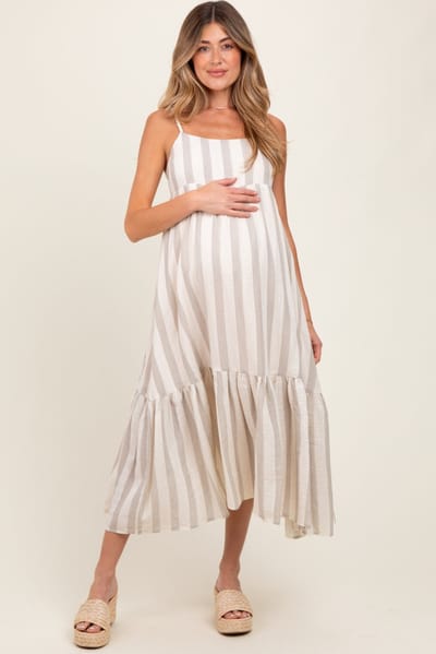 PinkBlush Beige Wide Stripe Linen Blend Sleeveless Maternity Maxi Dress