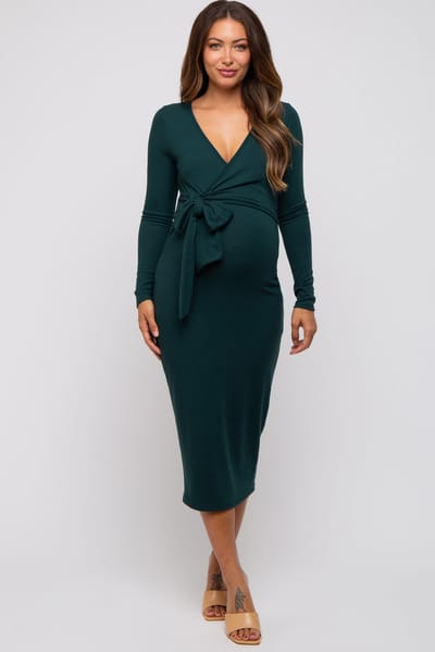 Rhea + Thea Forest Green Ribbed Long Sleeve Maternity Wrap Dress