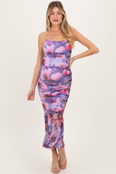 Rosevelvet Purple Floral Ruched Fitted Maternity Midi Dress
