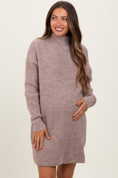 Bluivy Mocha Mock Neck Maternity Mini Sweater Dress