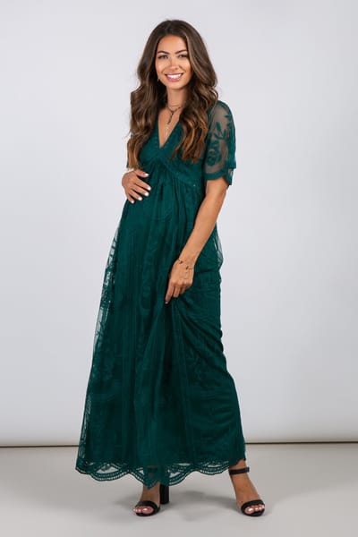 Rhea + Thea Forest Green Lace Mesh Overlay Maternity Maxi Dress