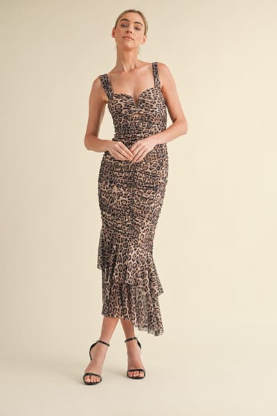 Mable Mocha Animal Print Ruched Mermaid Midi Dress