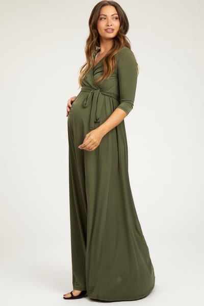 PinkBlush PinkBlush Olive Green Draped 3/4 Sleeve Maternity Maxi Dress