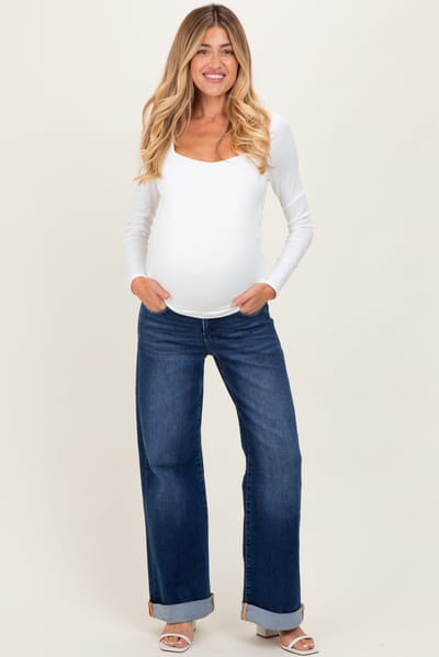 PinkBlush Dark High Rise Wide Leg Cuffed Maternity Jeans