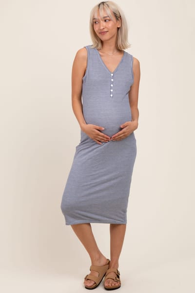 PinkBlush Navy Striped V-Neck Button Up Sleeveless Maternity Midi Dress