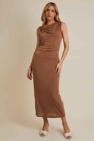 Gilli Mocha Draped Neck Sleeveless Midi Dress
