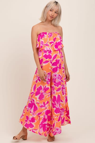 PinkBlush Orange Fuchsia Floral Strapless Ruffle Wide Leg Maternity Jumpsuit