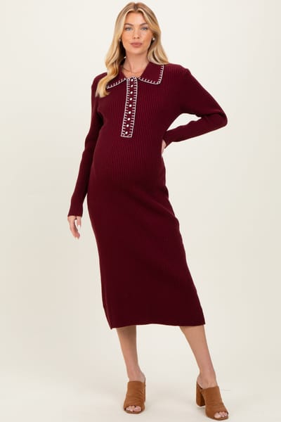 &merci Burgundy Contrast Stitch Maternity Midi Sweater Dress