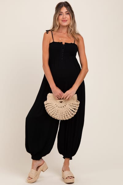 Bluivy Black Smocked Button Front Shoulder Tie Maternity Jumpsuit