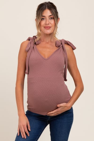 Rhea + Thea Mauve Solid Ribbed Sleeveless Tie V-Neck Maternity Top