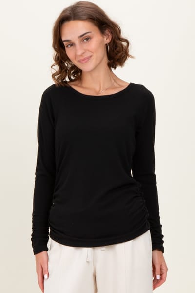 Rhea + Thea Black Solid Ribbed Ruched Long Sleeve Top