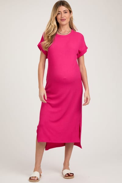 Rhea + Thea Fuchsia Ribbed Short Sleeve Maternity Midi Dress