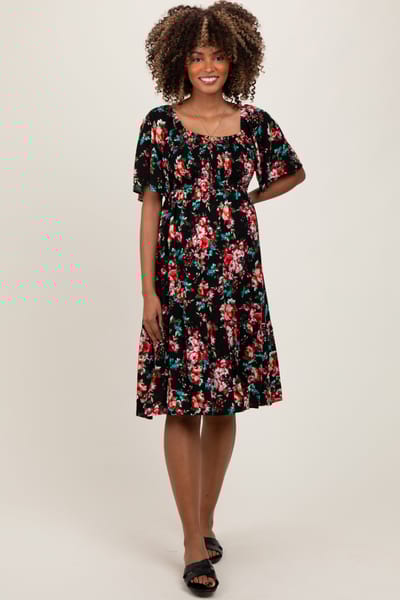 Chris & Carol Black Floral Smocked Maternity Midi Dress