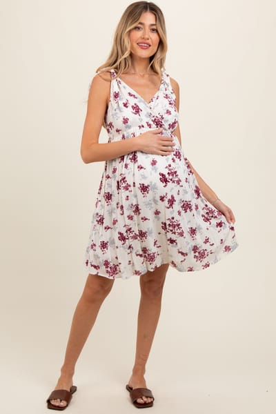 PinkBlush Ivory Mauve Floral Knotted Wrap V-Neck Maternity Dress