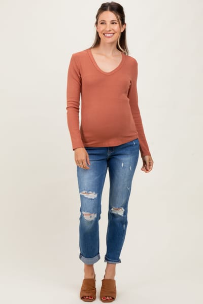 Vervet Blue High Rise Distressed Cuffed Boyfriend Maternity Jeans