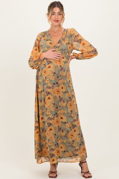 Gilli Light Olive Floral V-Neck Long Sleeve Maternity Midi Dress