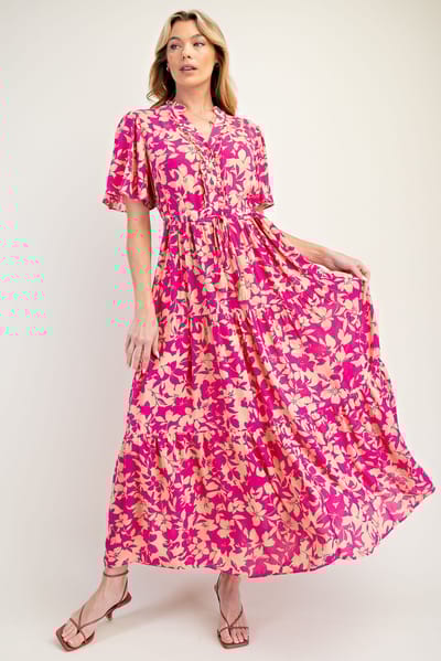 Easel Fuchsia Button Ruffle Detail Maxi Dress