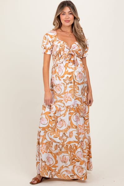 PinkBlush Taupe Floral Smocked Front Tie Maternity Maxi Dress