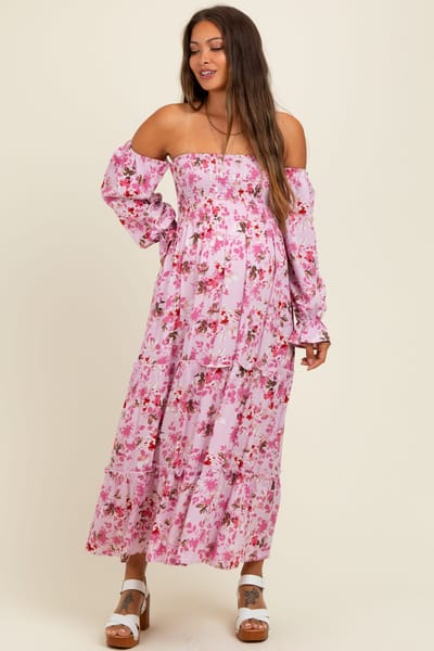PinkBlush Light Pink Floral Off Shoulder Long Sleeve Maternity Maxi Dress
