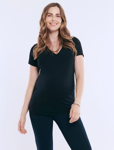Motherhood Maternity Side Ruched Short Sleeve V-Neck  Maternity Tee