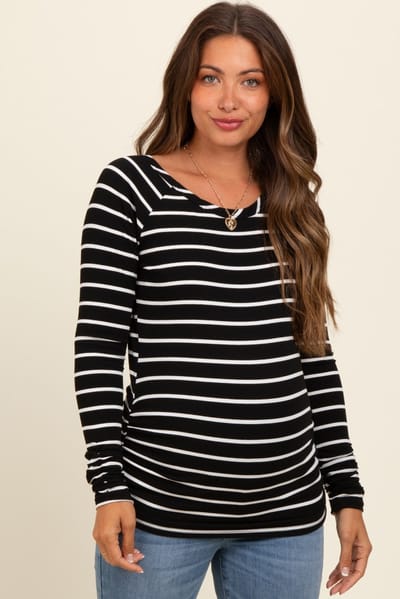 PinkBlush Black Striped Ruched Side Maternity Long Sleeve Top
