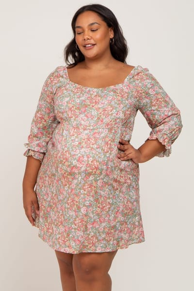 PinkBlush Light Olive Floral Bubble Sleeve Maternity Plus Dress