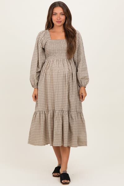 PinkBlush Beige Plaid Smocked Puff Sleeve Maternity Midi Dress