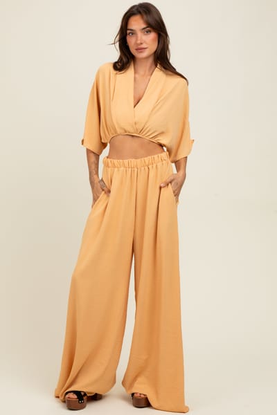 Win Win Apparel Peach Crop Blouse Wide Leg Pant Set