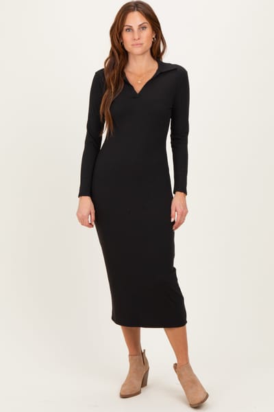 West K Black Ribbed Collared Long Sleeve Midi Dress