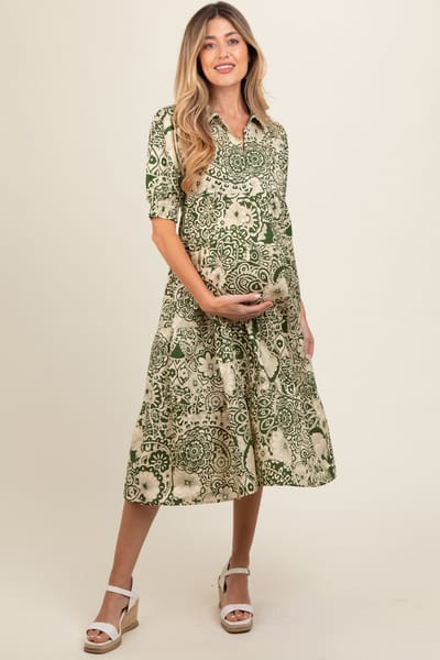 Umgee Olive Floral Collared Tiered Maternity Midi Dress