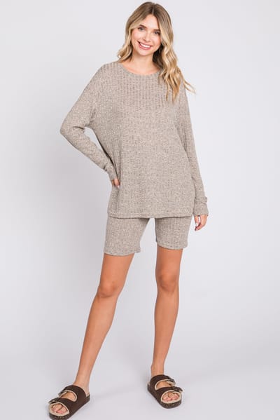 Charmo Mocha Ribbed Long Sleeve Shorts Set