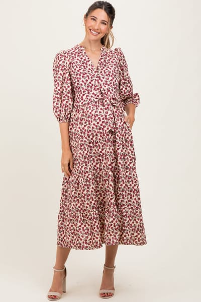 PinkBlush Cream Floral Button Down Front Tie Maternity Midi Dress